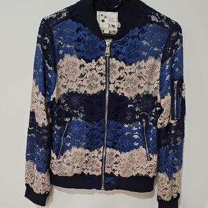 Cream and Blue Bomber Jacket with Stylish Design